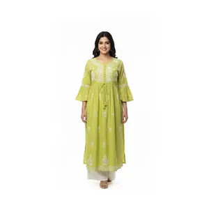 Lime Green Embroidered Kurti Dress | 3/4 Sleeve, Boho Chic (Top-44)