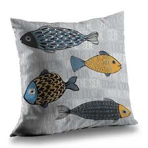 360 stand Nautical Fish Illustration Throw Pillow - 14x14 in Durable Poly Twill with Twill Weave, Soft Cushion, Marine Kids Art Home Decor