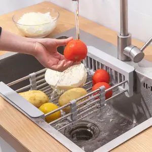 Stainless Steel Hanging Dish Rack 1 Count Adjustable Expandable Grey Water Filter Basket for Fruits Vegetables Kitchen Sink Organizer