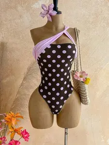 LUNA SWIM Womens Polka Dot One-Piece Swimsuit | Contrast Color Summer Beach Vacation Swimwear