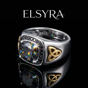 S925 Sterling Silver Elegant Men's Ring with Black Cubic Zirconia,Single Square Cut Gem No Plating Engagement Wedding Band, Silvery Plated Two-Tone Golden Accent Ring,Celtic Knot Detail, Hypoallergenic,Business Wear, Ideal for Daily, Perfect Gift for Him
