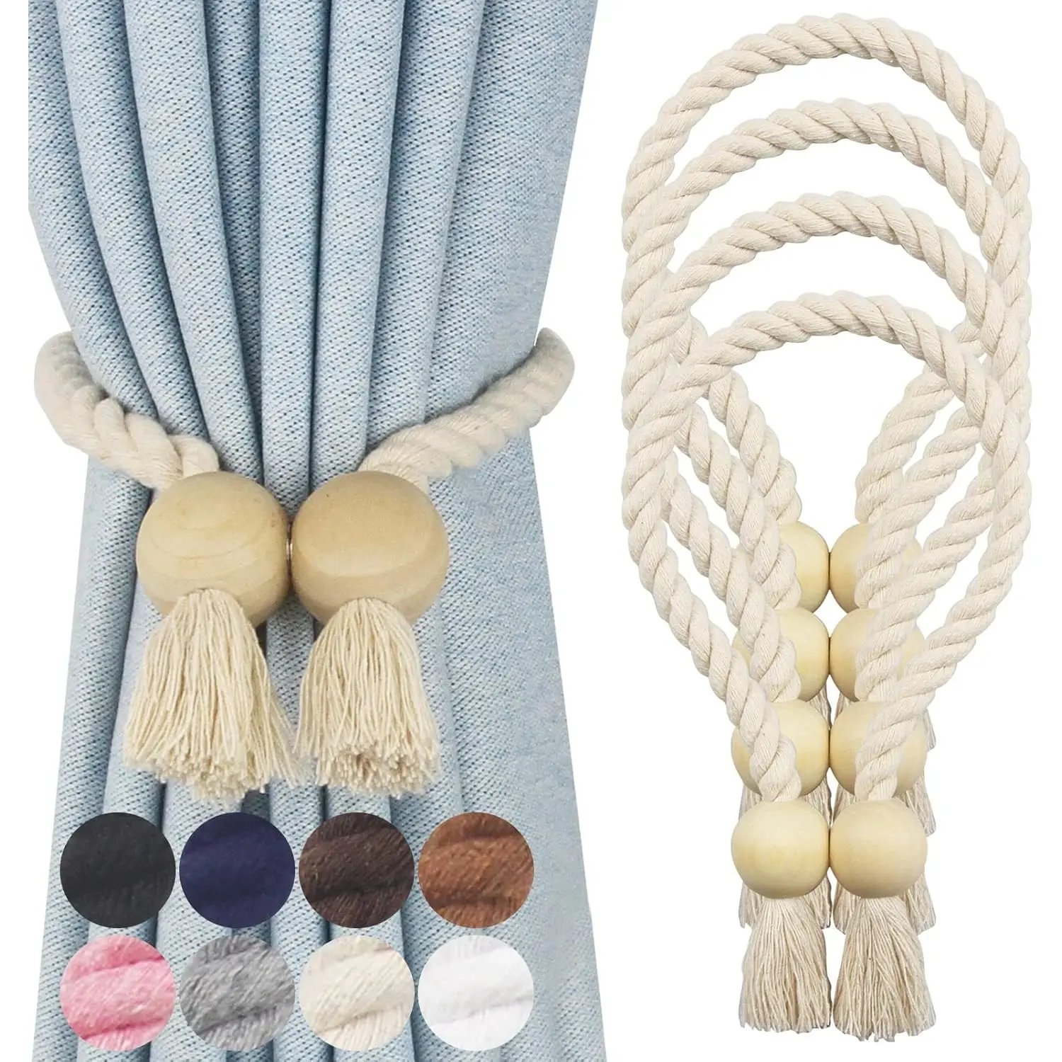 4Pcs Beige & Coffee Cotton Twist Braid Magnetic Curtain Tiebacks, Hand-Woven Rope Holdbacks, Strong Magnets, Tool-Free Installation, Freely Adjustable Length, Modern Home Improvement Supplies