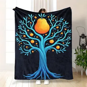 Luxury Bohemian Tree Leaf & Fruit Flannel Blanket - 280GSM Soft Cozy Bedspread Suitable Bed, Sofa & Travel - Lightweight Turquoise Leaf Bedspread Bedspread, Bedding (Turquoise-Blanket)