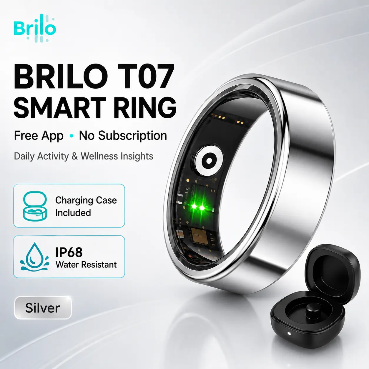BRILO T07 Titanium Smart Ring - Modern Compact Smart Wearable Fitness Tracker, Cordless, Waterproof, Activity Stats, Auto Steps Tracking, Sleep Insights, Figure Monitoring, Charging Case, Free App, Batteries Included, Intelligent Fitness Trackers