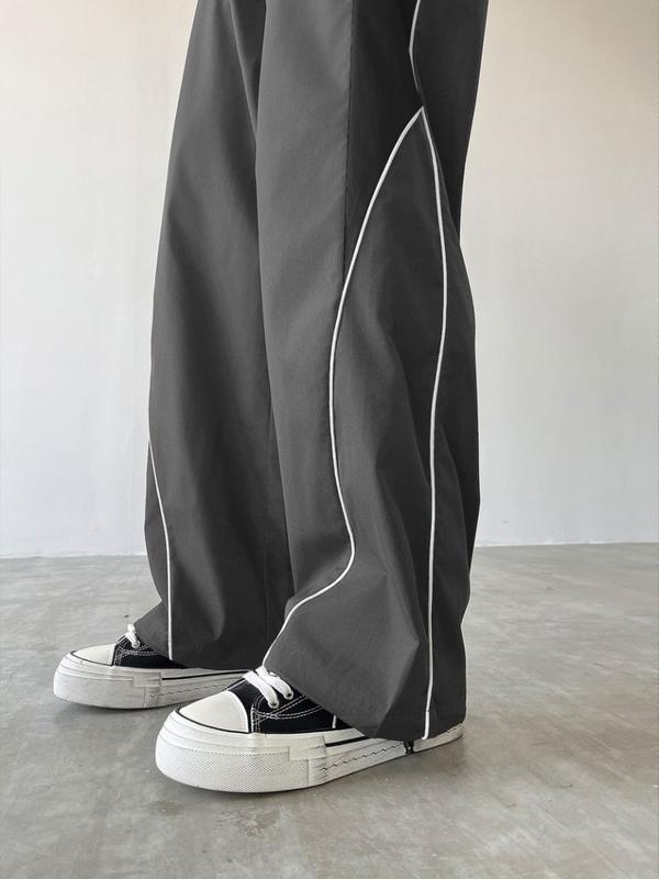 Men's Black Colorblock Sweatpants with White Side Stripes & Embroidered Design for Gym Wear, Loose Athletic Long Pants, Sporty Elegance, Drawstring Waist, Straight Leg Cut, Trendy Street Fashion Joggers Sports Menswear Embroidery Embroidery Tracksuit