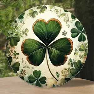 2D Flat 1pc  8'' Lucky Four Leaf Clover Aluminum Metal Sign, Round Plaque, St. Patrick'S Day Wall Art, Home and Bar Decor, Rustic Green Shamrock Decoration or gift