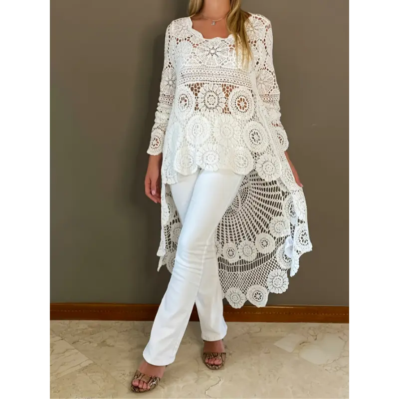 Bohemian style Stunning Crochet Floral Beach Tunic - Long Sleeve, Round Neck, High-Low Hem, Bohemian Style Cover-Up for Women - Perfect Swimwear and Resort Wear for Summer Vacation