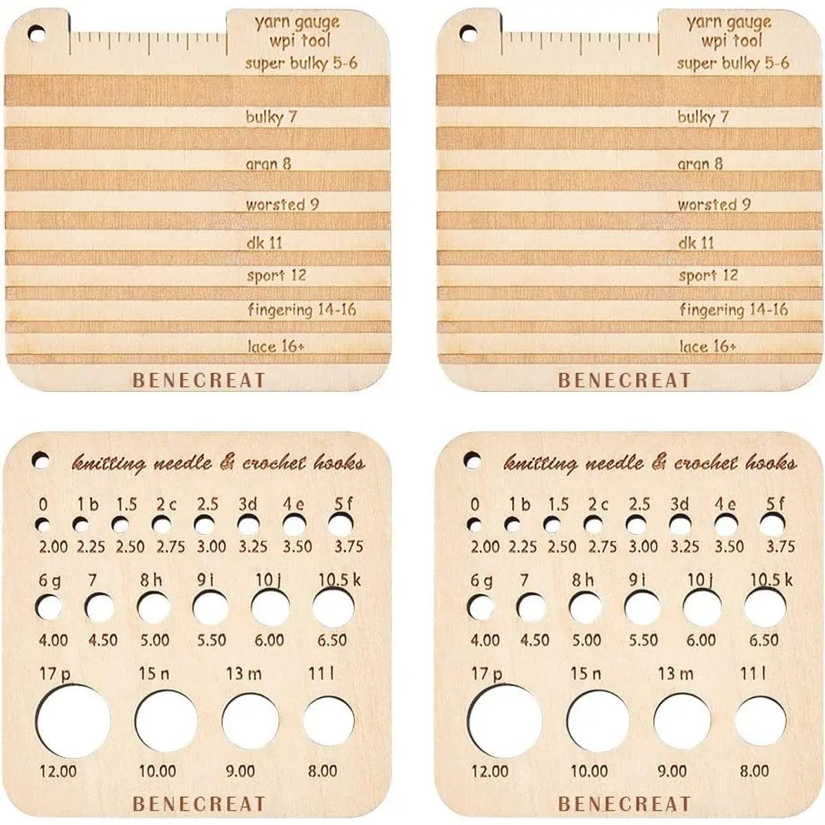 4Pcs Wood Knitting Gauge Rulers, 2 Style Square Knitting Tool Crochet Hook and Knitting Needle Gauge, 2.5x2.5x0.2inch