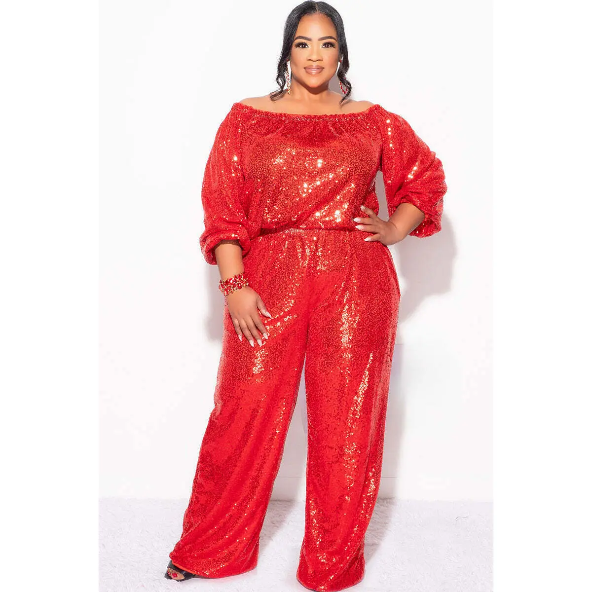 Final Sale Plus Size 2pc Sequin Top and Pants Set in Red