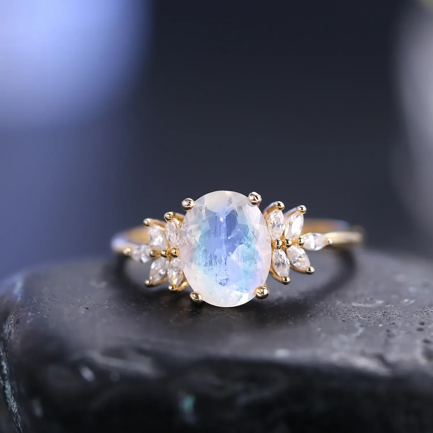 Women's 925 Sterling Silver Engagement Ring - Round Prong-Set 8x10mm Cluster Milky Blue Moonstone, Olive Branch Design White CZ Cocktail Ring for Wedding, Anniversary, Classic Vintage Style, Engagement Rings