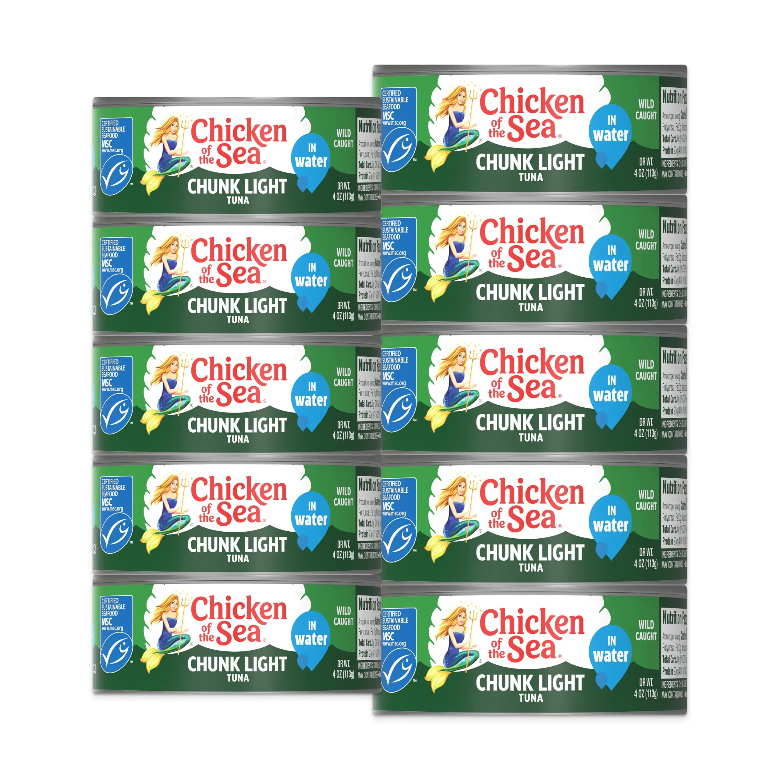 Chicken of the Sea Wild Caught Chunk Light Tuna in Water, 5 oz Cans, 10 Pack, High Protein Ready to Eat Seafood