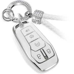 New Upgrade for Ford Key Fob Cover with Luxury Diamond Braided Keychain, Upgraded Soft Case for Fusion Mustang F150-350 Edge Explorer Lincoln MKZ MKC etc.(5 Button) Shell (Silver,A)