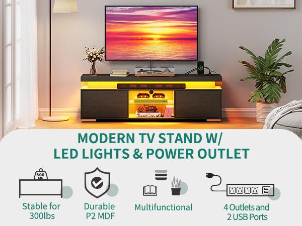DWVO Black TV Stand with LED Lights and Power Outlet, Modern Entertainment Center for 55/60/65 Inch, Media Console Table TV Cabinet with Storage, Universal TV Stand for Living Room