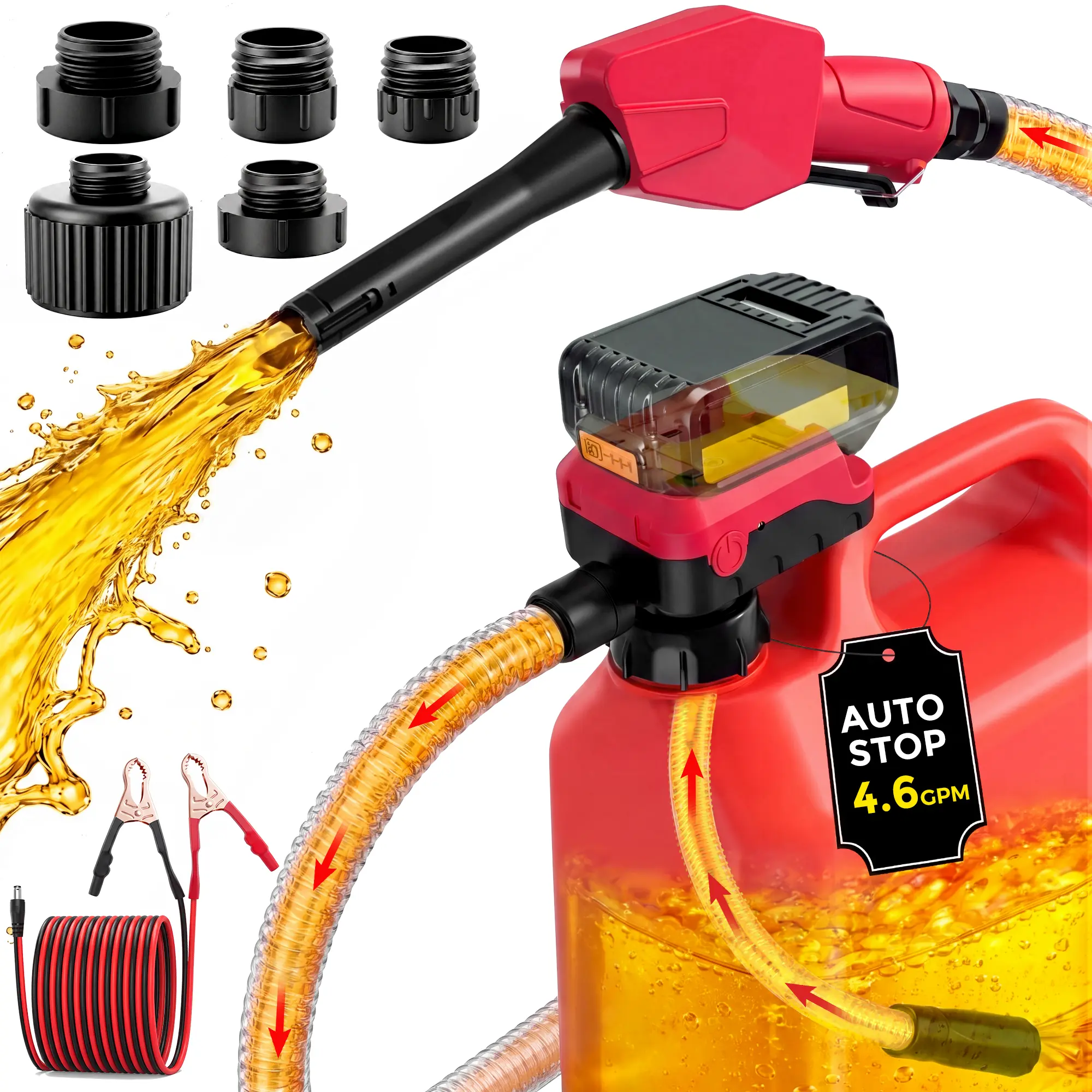 Fuel transfer pump (4.6 GPM flow rate) featuring an auto-stop function and handheld nozzle | Compatible with DeWalt 20V and Milwaukee 18V batteries; portable fuel drum transfer pump with a leak-proof design, including a 59-inch hose and 5 adapters.