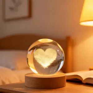 3D Love Crystal Ball 2.4 inch Decorative Quartz Glass Sphere Lighted Cute Sculpture for Home Office Table Valentine's Day Gift for Women Girls Friends