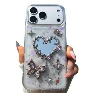 Handmade Phone Case Mirror Butterfly Starburst Rhinestone Sparkle Decoration Protective Cover for iPhone 17 16 15 14 13 12 11 Pro Max
