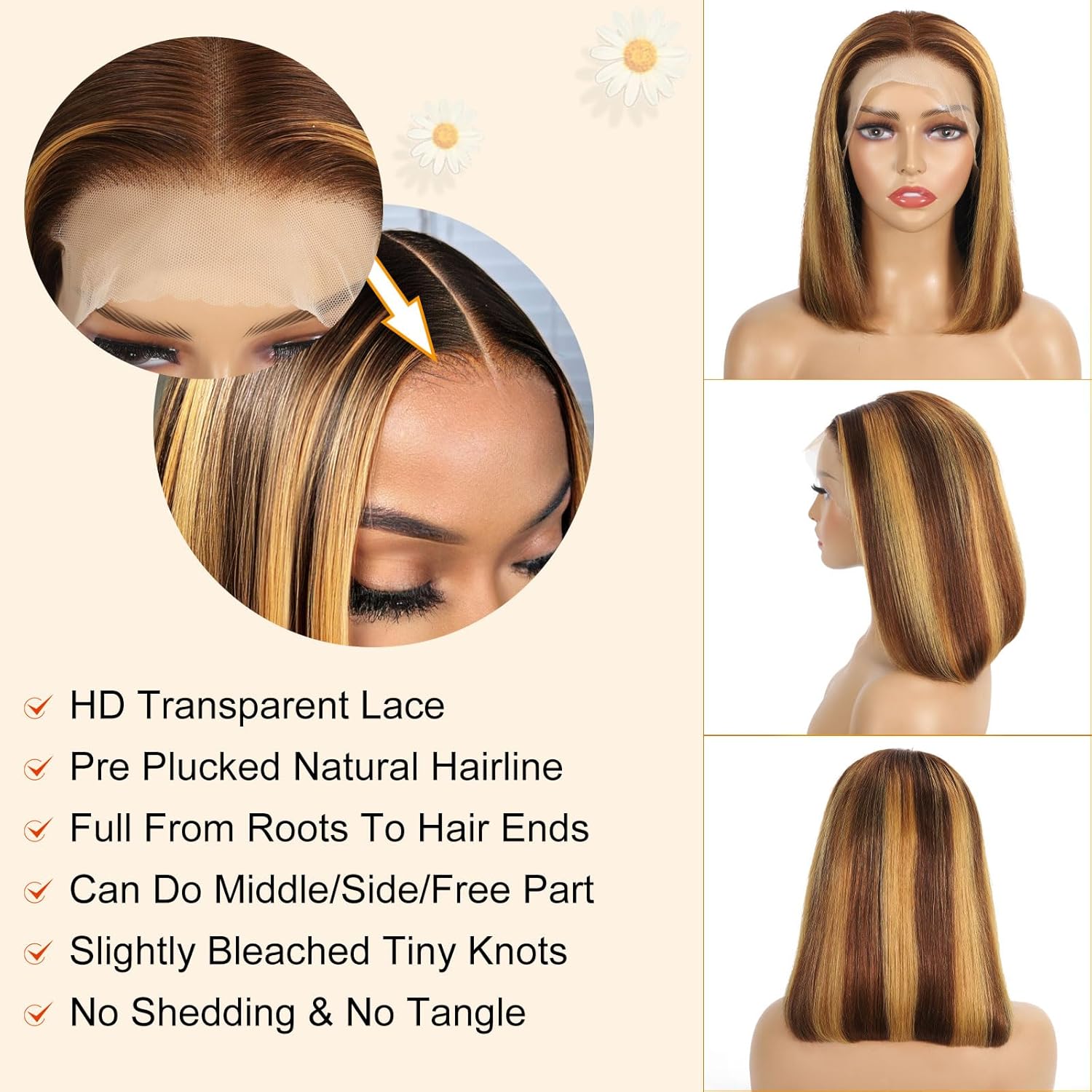 SDDRSRA Ombre Highlight Bob Wig Human Hair 13x4 Lace Front Wigs P4/27 Colored Wigs 14 Inch Honey Blonde Bob Human Hair Wig 180 Density Glueless Short Human Hair Wigs for Women Pre Plucked With Baby Hair