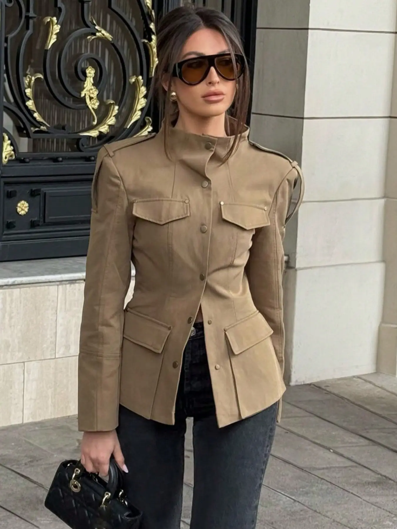 Women's Spring Summer Chic Casual Tailored Fit Trendy Blazer, Belted Pocket Design Solid Long Sleeve Stand Collar Jacket, Elegant Retro Versatile, Daily & Commute Wear