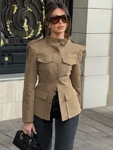 Women's Spring Summer Chic Tailored Blazer, Belted Pocket Design Solid Long Sleeve Stand Collar Jacket, Elegant Retro Versatile, Daily & Commute Wear