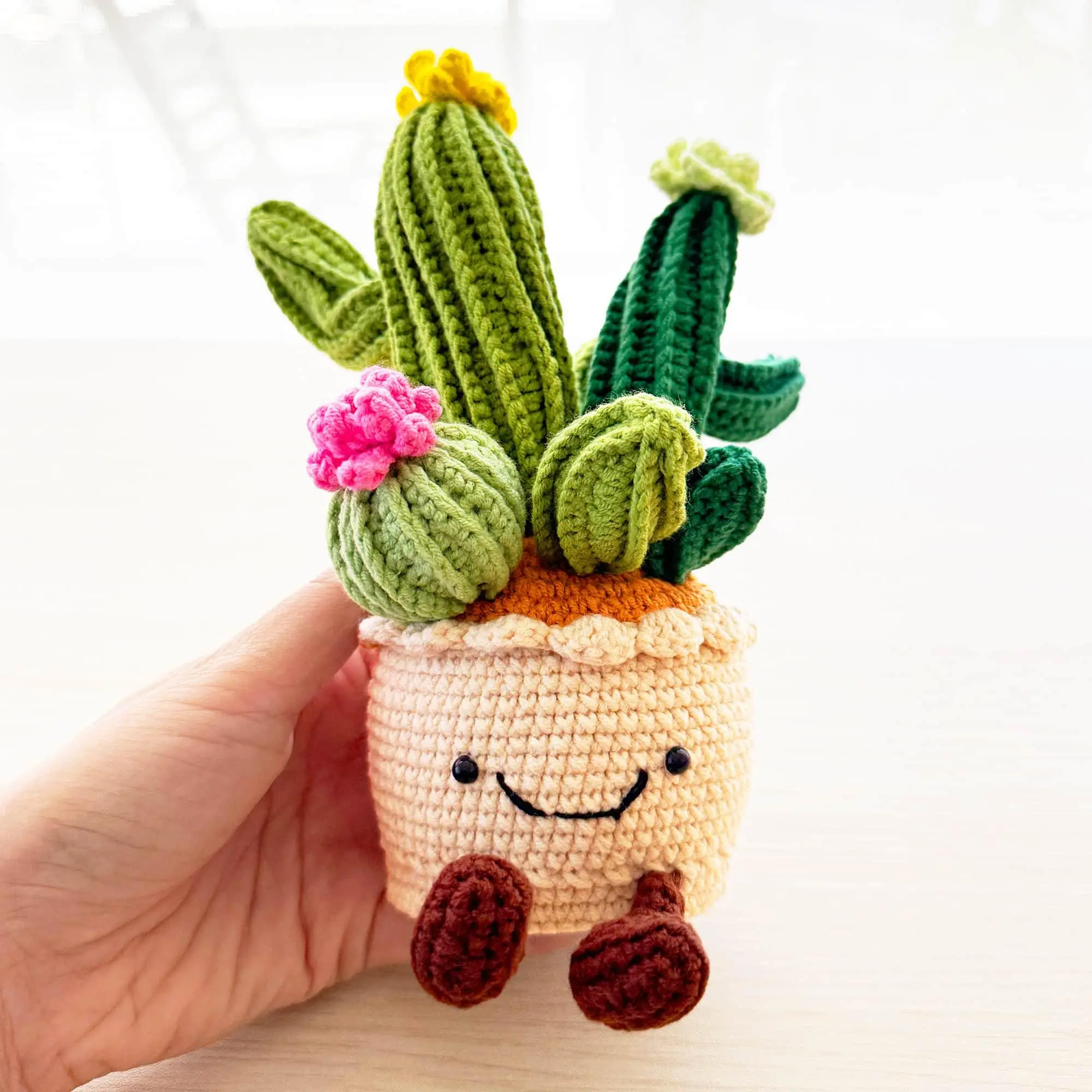 Handmade Crochet Cactus Smiley Pot: Yarn Flower Doll