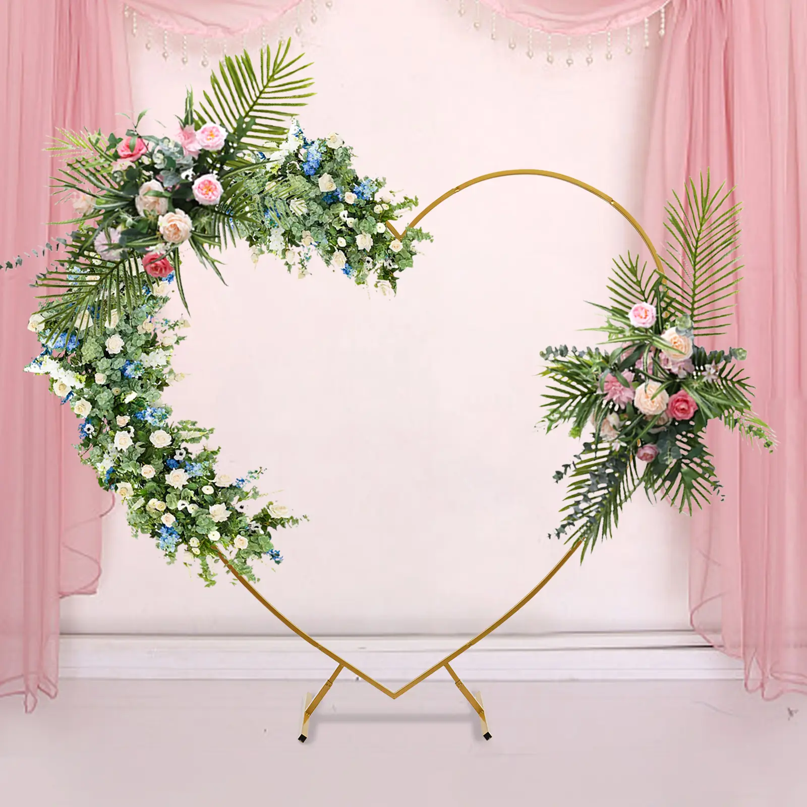 6.9ft Carbon Steel Round Heart-Wing Arch, Waterproof Golden/White Painted, Plant-Friendly Party Decor Props, Valentines Day/Thanksgiving Backdrop & Photo Setting Prop (Heart Shape Design for Childrens Day Use), Indoor