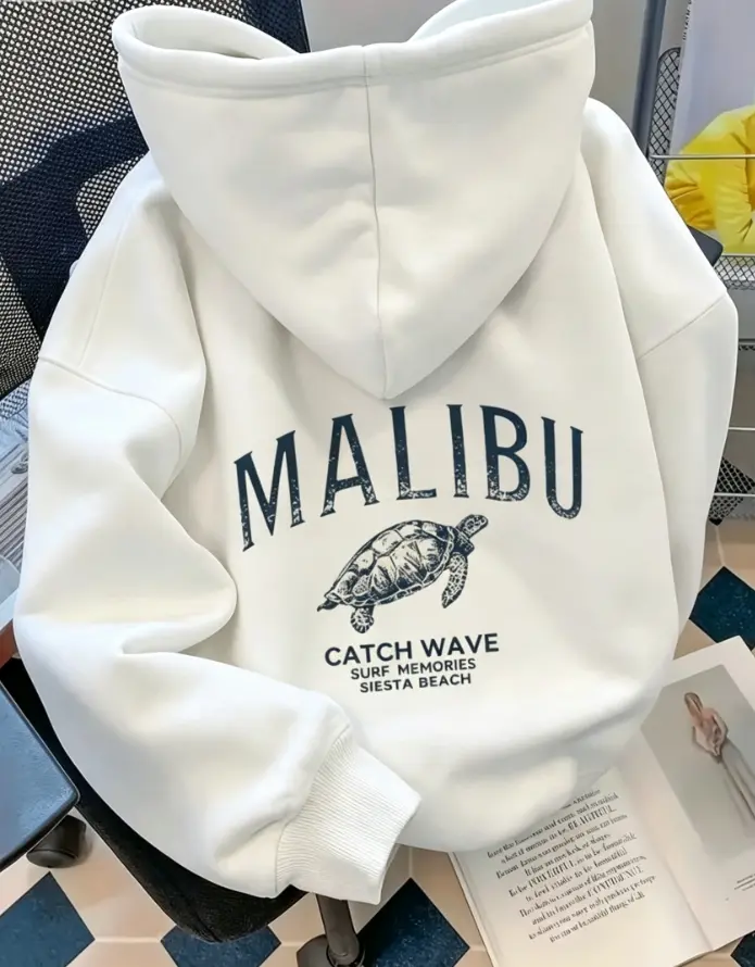 Malibu Catch Wave Vintage Sea Turtle Back Print Cotton Outer Fleece Lined Hoodie, Coastal Beach Surf Casual Pullover Hooded Sweatshirt, Daily Holiday Gift