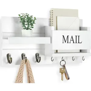 Mail Organizer for Wall Mount – Key Holder with Shelf Includes Letter Holder and Hooks for Hallway Farmhouse Decor – Rustic Wood with Flush Mounting Hardware (16.5" x 9.1" x 3.4") (White)