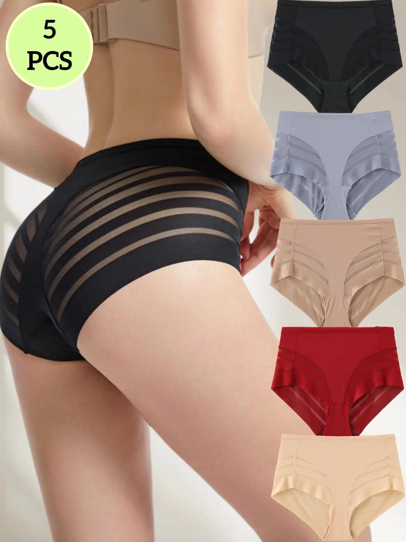 5-Pack Mid-Waist Shapewear Panties, Seamless Undergarment, Breathable Panty, Multiple Colors, Lace Smooth Breathable Comfort, Fashion Chic Elegant Simple Design, All Seasons Wear