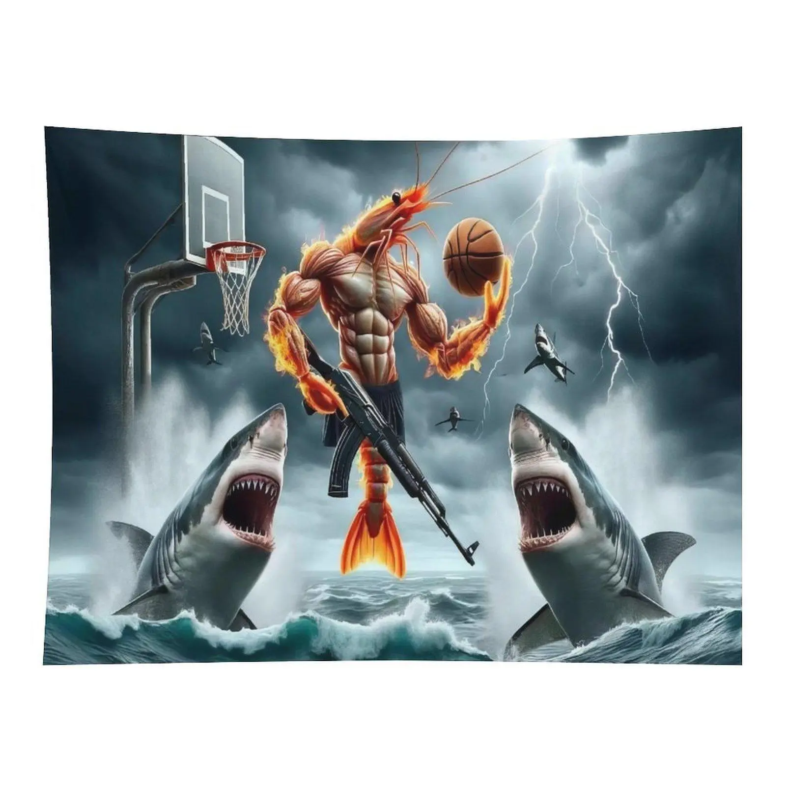 Muscular Shrimp Humanoid Playing Basketball In Stormy Ocean With Sharks Lightning Cool Funny Wall Tapestry For Home Dorm Decor