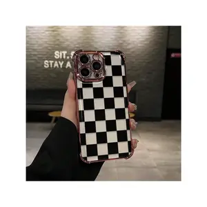 Black Checkered Pattern Four-Corner Drop-Proof TPU Phone Case For IPhone 16 15 14 Pro Max 13 12 11 XR XS Plus Shockproof Full Camera Protection Durable Slim Silicone Case Mobile Phone Case