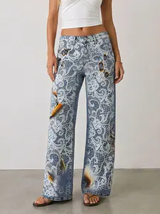 Light Wash Burnt Lace Print Wide Leg Jeans Y2K High Waisted Distressed Graphic Denim Pants Vintage Aesthetic Streetwear Baggy Jeans for Women