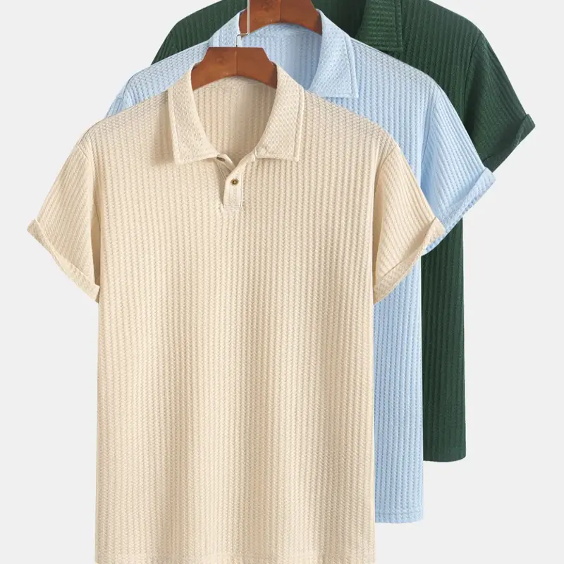 【Black Friday】Men's Solid Color Waffle Textured Knitted Polo Shirt, Regular-Fit Casual Short-Sleeve Top for Summer, Men's Clothes for Daily Wear