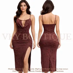 Bordeaux Blossom Cowl Neck Midi Dress with Spaghetti Straps and Side Slit for Elegant Occasions
