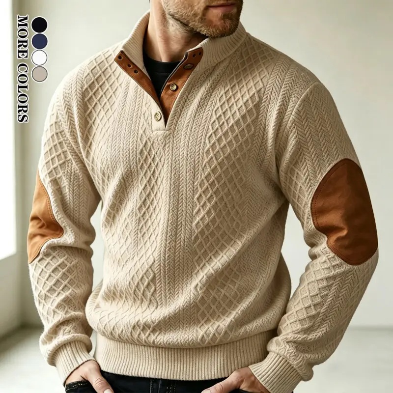 Men’s casual jacquard knit long-sleeve sports sweatshirt, outdoor street-style half-button Henley shirt, breathable and versatile hoodie, suitable for everyday wear in spring and autumn, outdoor travel, parties, and dates.