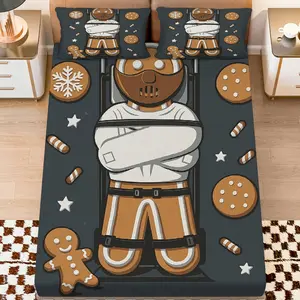 3Pcs Gingerbread Cookie Holiday Fun Fitted Sheet Three Piece Set (1*Fitted Sheet+2*Pillowcases, Coreless), Christmas theme, Festive Decor Bedding Set, Mattress protector Soft, Breathable