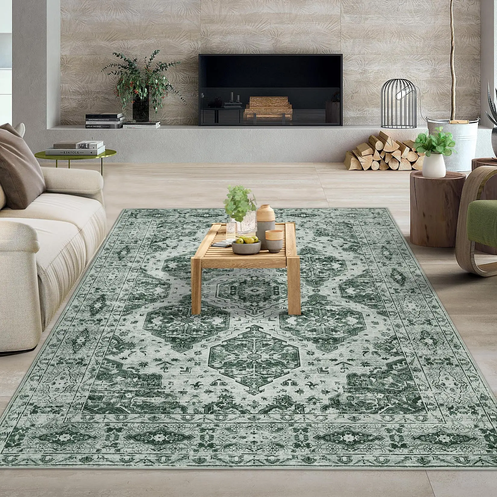 GARVEE 10'x13' Vintage Rug Irregular Medallion Area Rug Ultra-Thin Non Slip Floral Print Indoor Mat for Living Room Dining Room Bedroom Farmhouse Dark Green