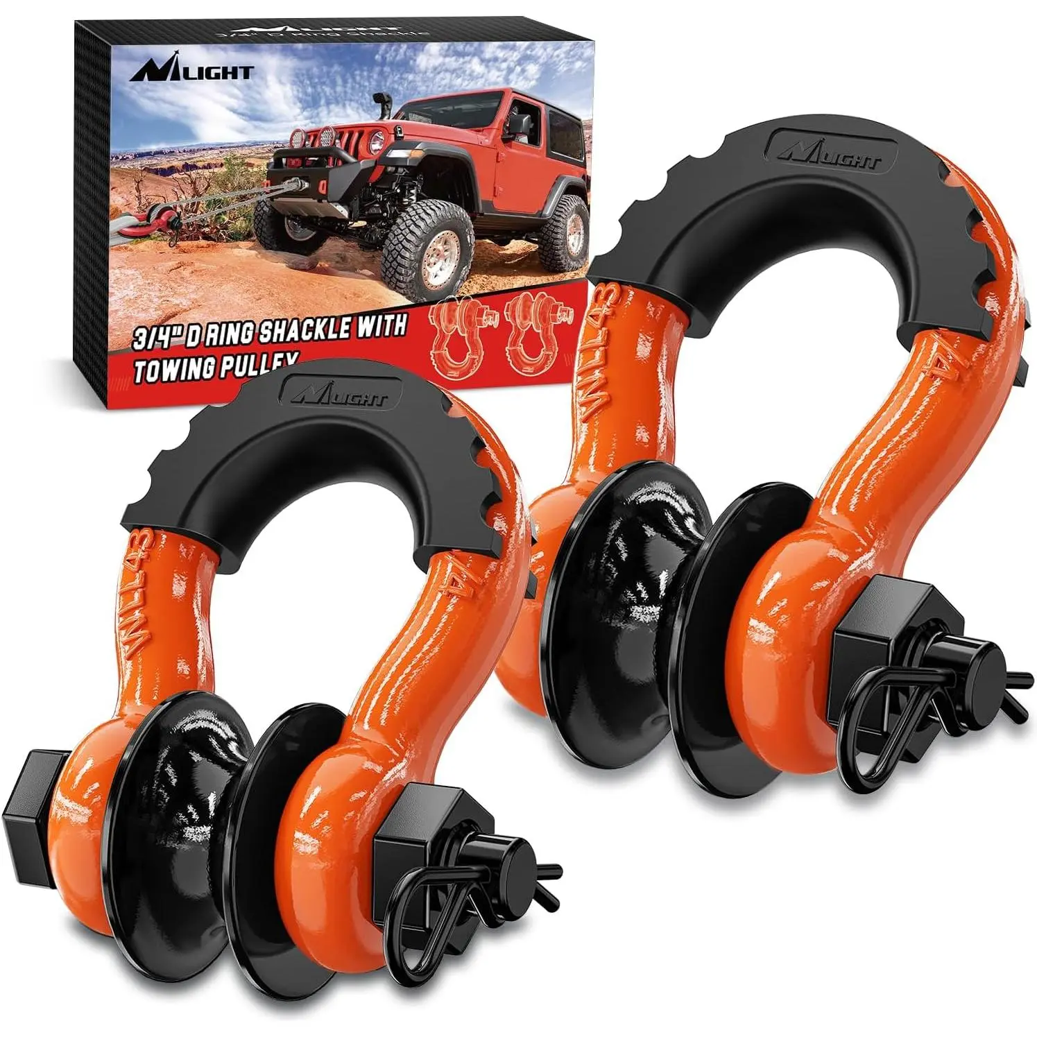 Nilight 3/4" D-Ring Shackle with Towing Pulley – 4.75 Ton (9,500 Lbs) Heavy Duty Off-Road Recovery Shackle Kit with Isolators & Washers – 2 Pack for Jeep, Truck, ATV, UTV, Tractor & Winch Ropes Straps, 4.75 Ton Cap
