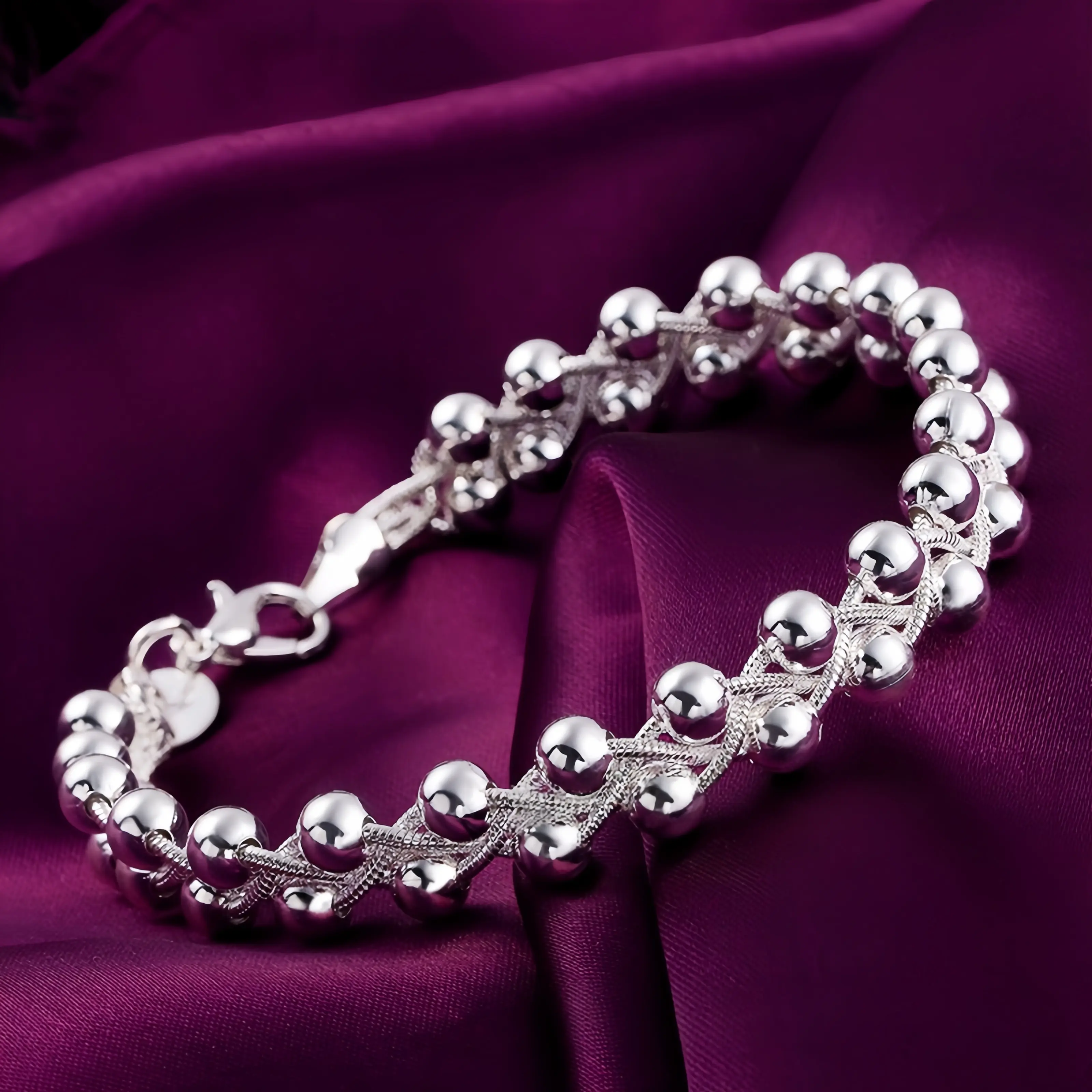 Women's S925 Pure Silvery Beaded Woven Bracelet, 20cm/7.87in Elegant Chain Link Bracelet with Secure Lobster Clasp, Minimalist Jewelry Gift for Her