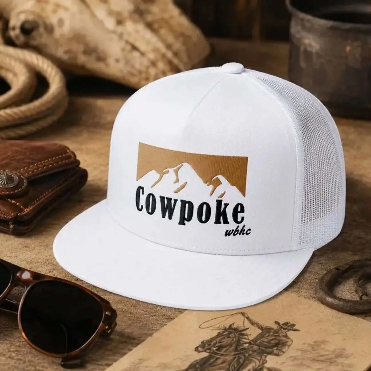 Cowpoke Mountain Embroidered Trucker Hat – White Western Mesh Snapback Cap, Cowboy Outdoor Ranch Style Hat K45LSG