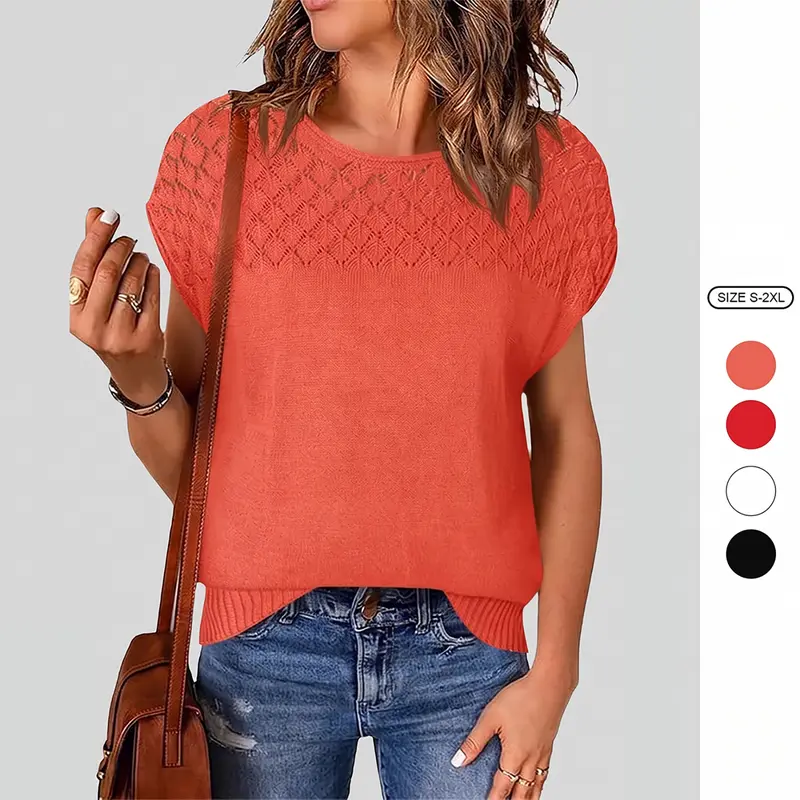 Imily Bela Womens Short Sleeve Sweaters Casual Crewneck Crochet Knit Summer Loose Trendy Pullover Tops