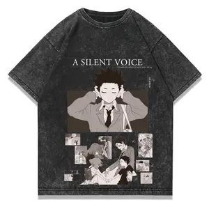 Men's Oversized Cotton Short-Sleeve Round Neck T-Shirt - A Silent Voice Vintage Washed Digital Print, Distressed Anime Collage, Menswear Casual Streetwear Top for Festive Anime Fans, Summervibes Tee, Shortsleeve