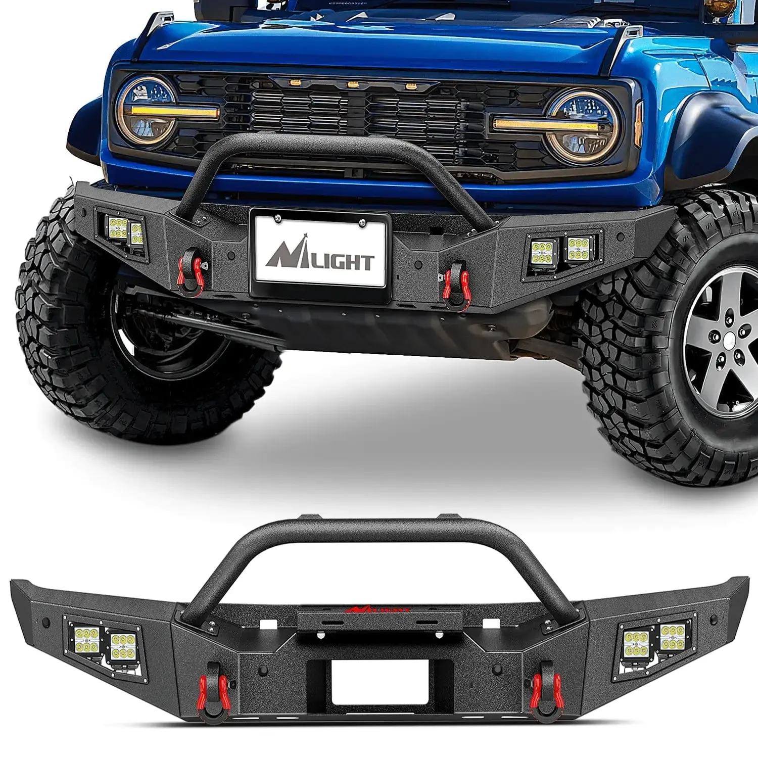 Nilight Offroad Front Bumper for 2021-2024 Ford Bronco - Bolt-On 2-In Steel Tube, Corrosion-Resistant Finish, Built-In Winch Plate, D-Rings & Isolators, 4Pcs 18W Flush Mount LED Work Lights, License Plate Bracket, Sensor Hole, Tough Look