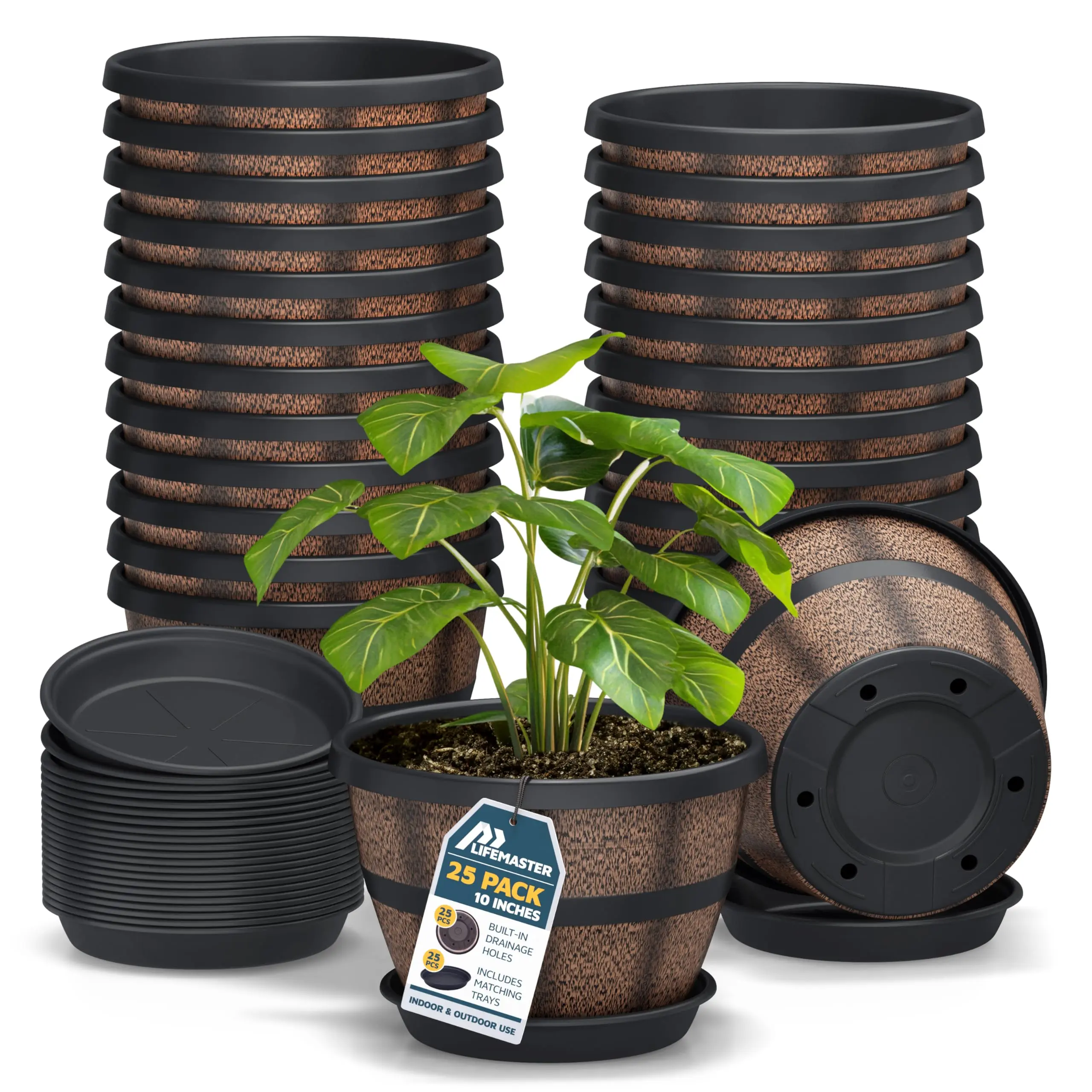 10-Inch Whiskey Barrel Planters Pack of 25, Durable Plastic Pots with Drainage & Saucer for Indoor Outdoor Plants