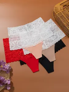 Women's High Waist Floral Lace Patchwork Striped Thongs, Fashion Elegant Sexy Transparent Sheer Lace Underwear, Comfortable Breathable Daily Wear, 4 Pack