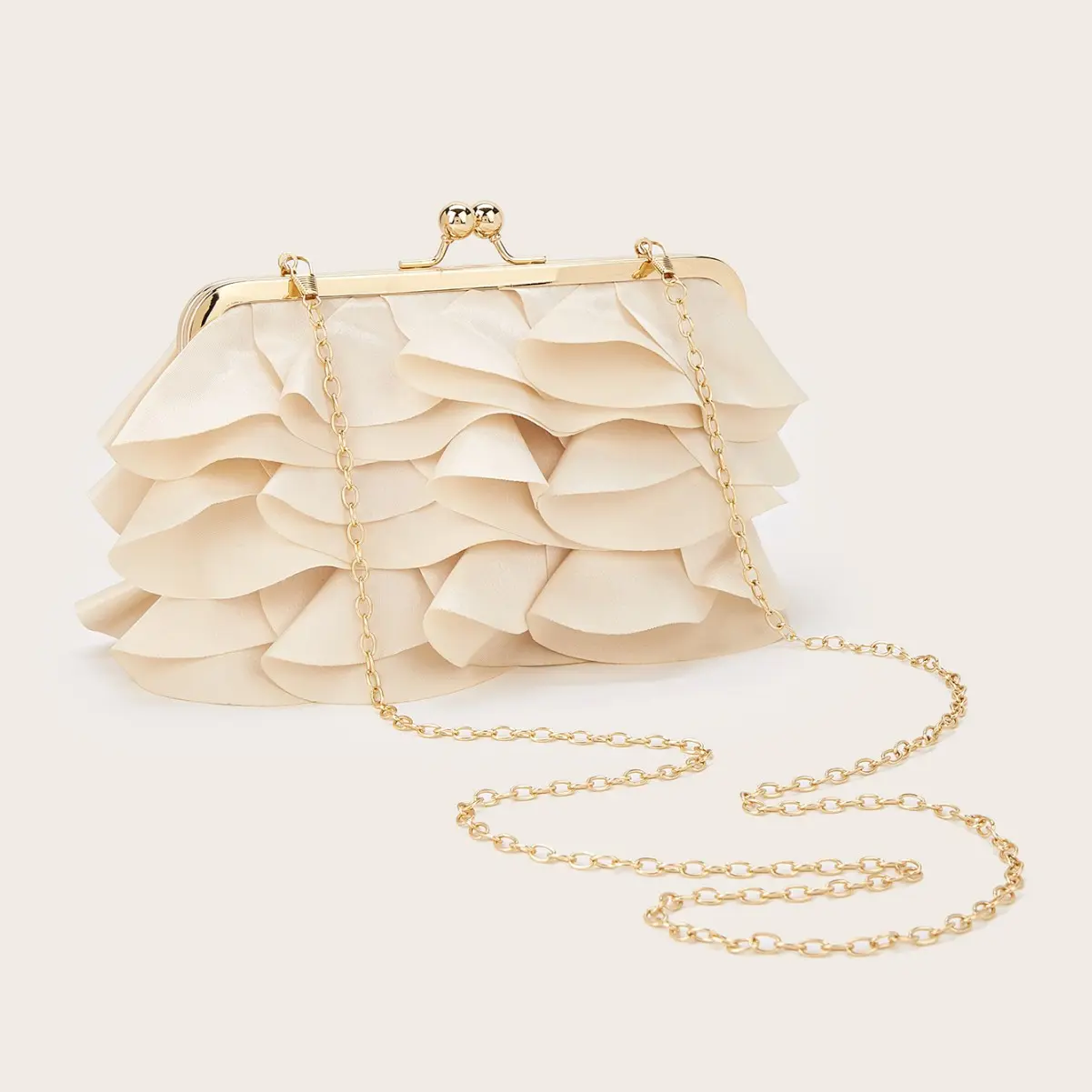 Solid Color Petal Pleated Cloud Shoulder Evening Bag with Chain, Fairy Sweet Style Bucket Bag
