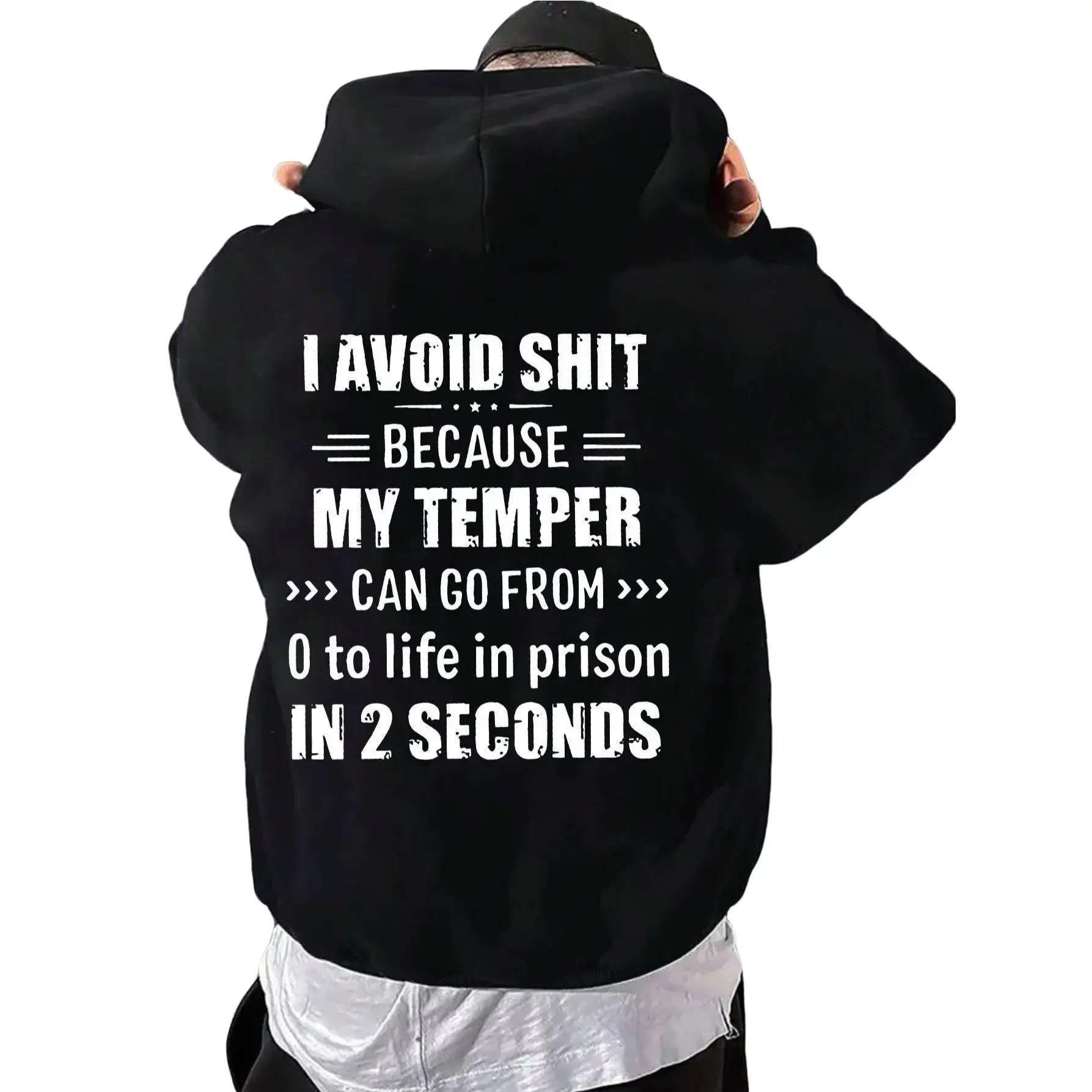 Men's "I Avoid Shit" Graphic Hoodie, Baggy Long Sleeve Cotton Blend Pullover for Casual Streetwear, Front Graphic, Text Print
