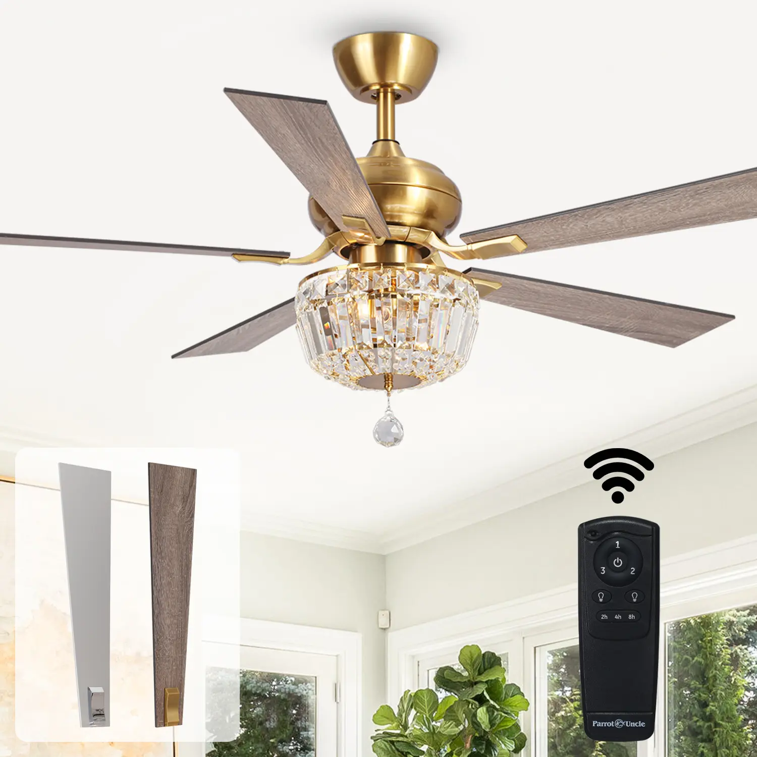 Parrot Uncle 52" Ganga Crystal Ceiling Fan with Light Remote - Sparkling Design, Reversible Function, Downrod Mount, Modern Luxe for Any Room