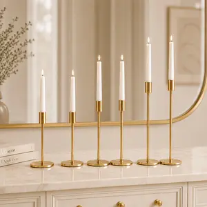 6-Piece Gold Plated Metal Taper Candle Holders, Elegant Table Centerpieces for Wedding, Home Party Decor