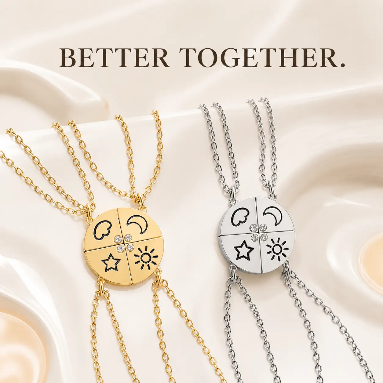 【Back to School 】Pack of 4 Magnet Sun, Moon, Star & Cloud Friendship Necklace, Matching Celestial Necklace Set,  Puzzle Pendant Necklace , Best Friend Gift