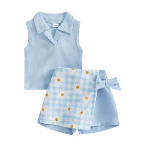 PYBCVRRD Toddler Baby Girl Outfit Ribbed Sleeveless Lapel Collar Polo Shirt Tank Tops Daisy Floral Plaid Bow Wrap Skort Skirt Shorts Cowgirl CLothes #Springtok